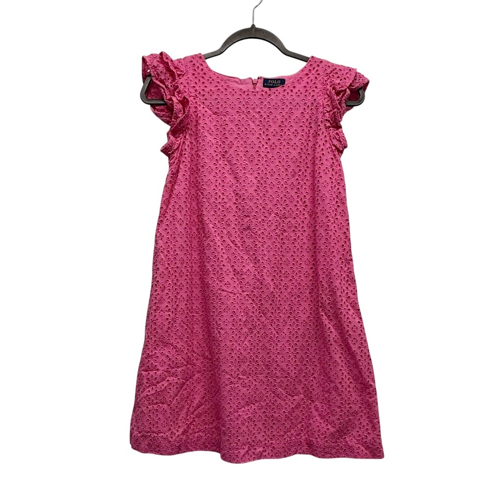 Polo Ralph Lauren Girls Pink Eyelet Lace Flutter Sleeve Dress Size 14 Cotton